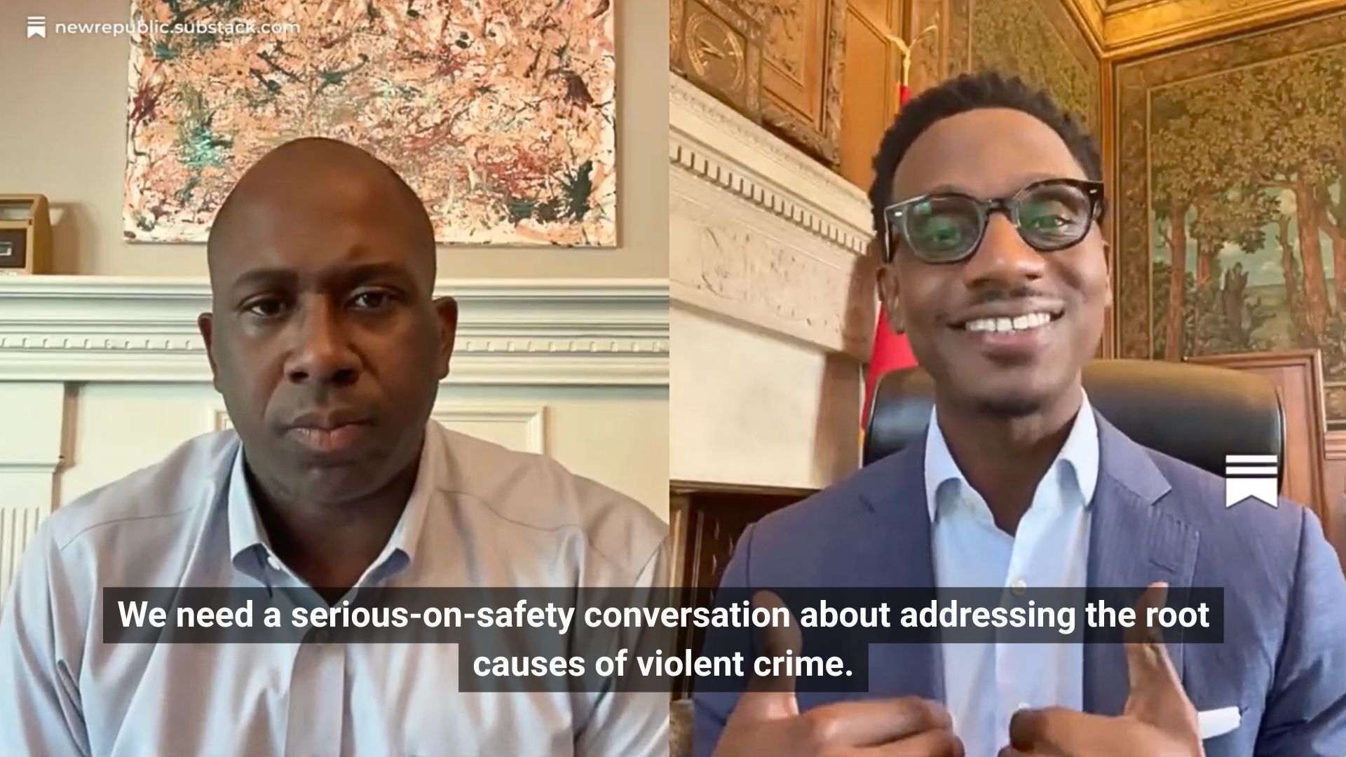 Still of Cleveland Mayor Justin Bibb saying "We need a serious-on-safety conversation about addressing the root causes of violent crime" during an interview with The New Republic.