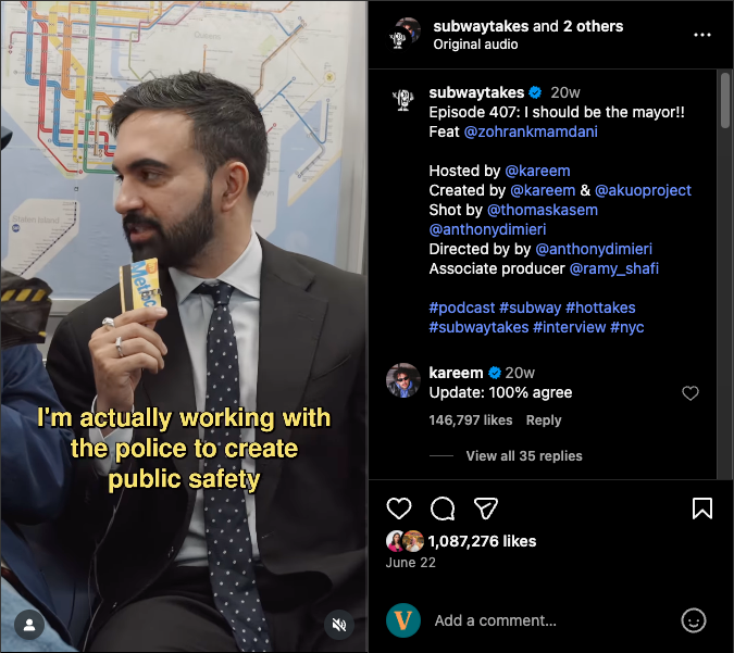 Screenshot from Instagram of Zohran Mamdani on "Subway Takes."