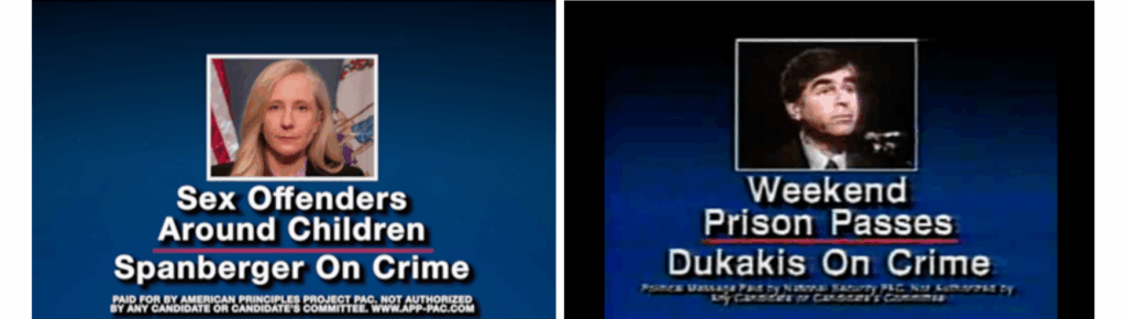 Side-by-side stills of the "Spanberger on Crime" and "Dukakis on Crime" ads.